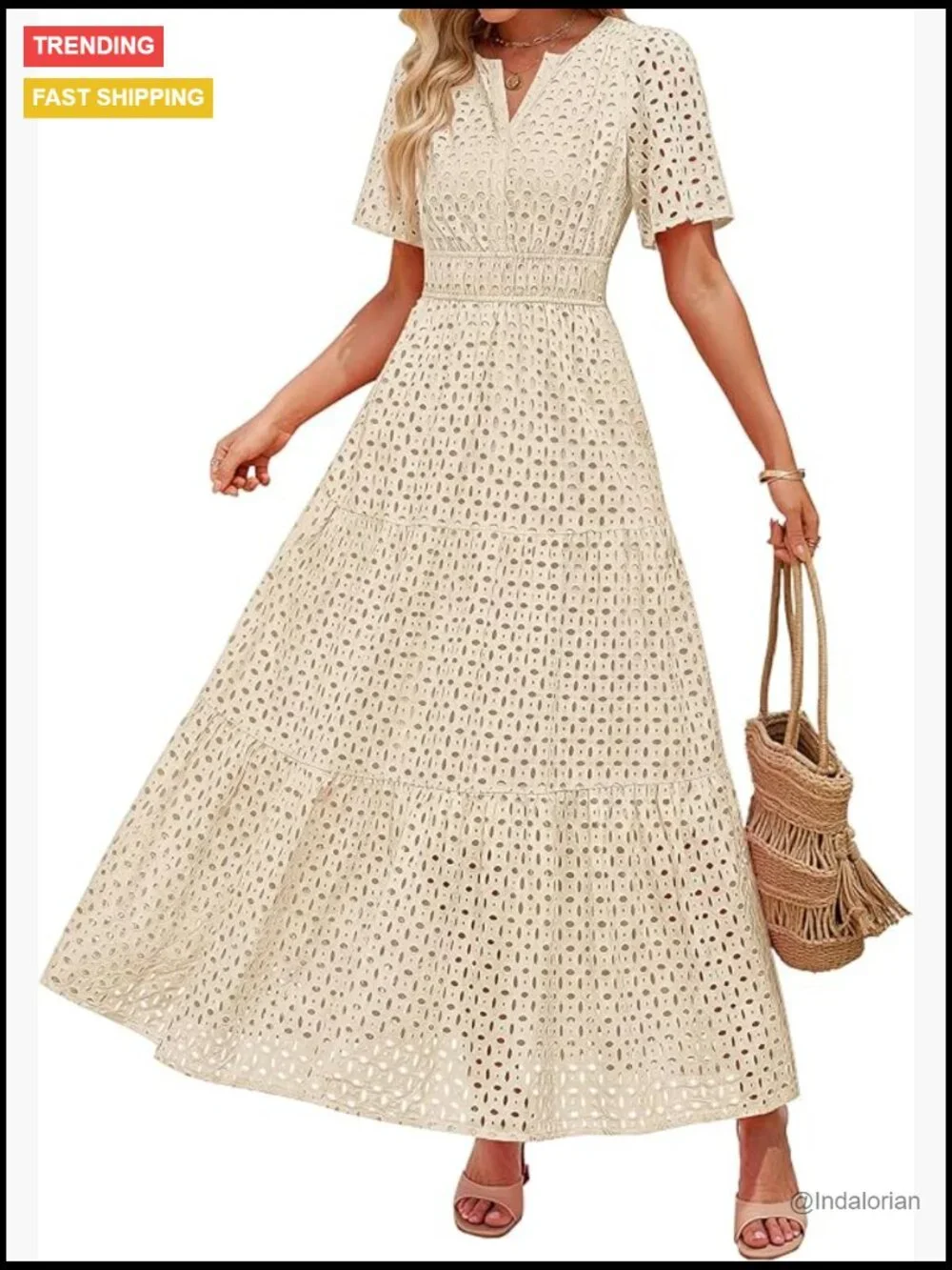 V Neck Short Sleeve Hollow Out Eyelet Ruffle Swing Maxi Dress with Pockets - Picture 1 of 7